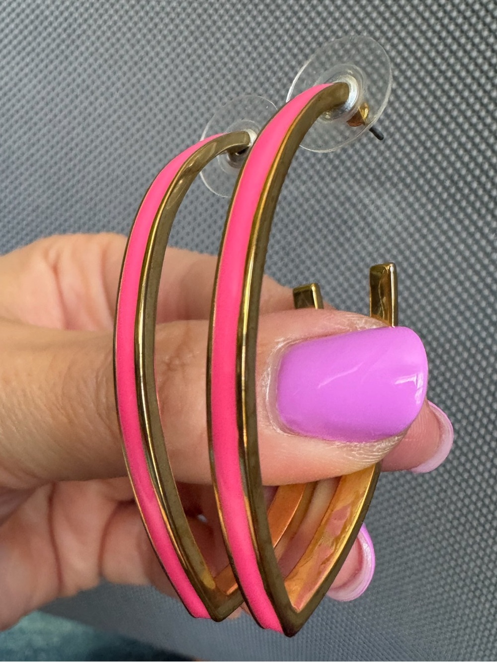 Vintage Golden Hoop Earrings with Pink Enamel Inlay